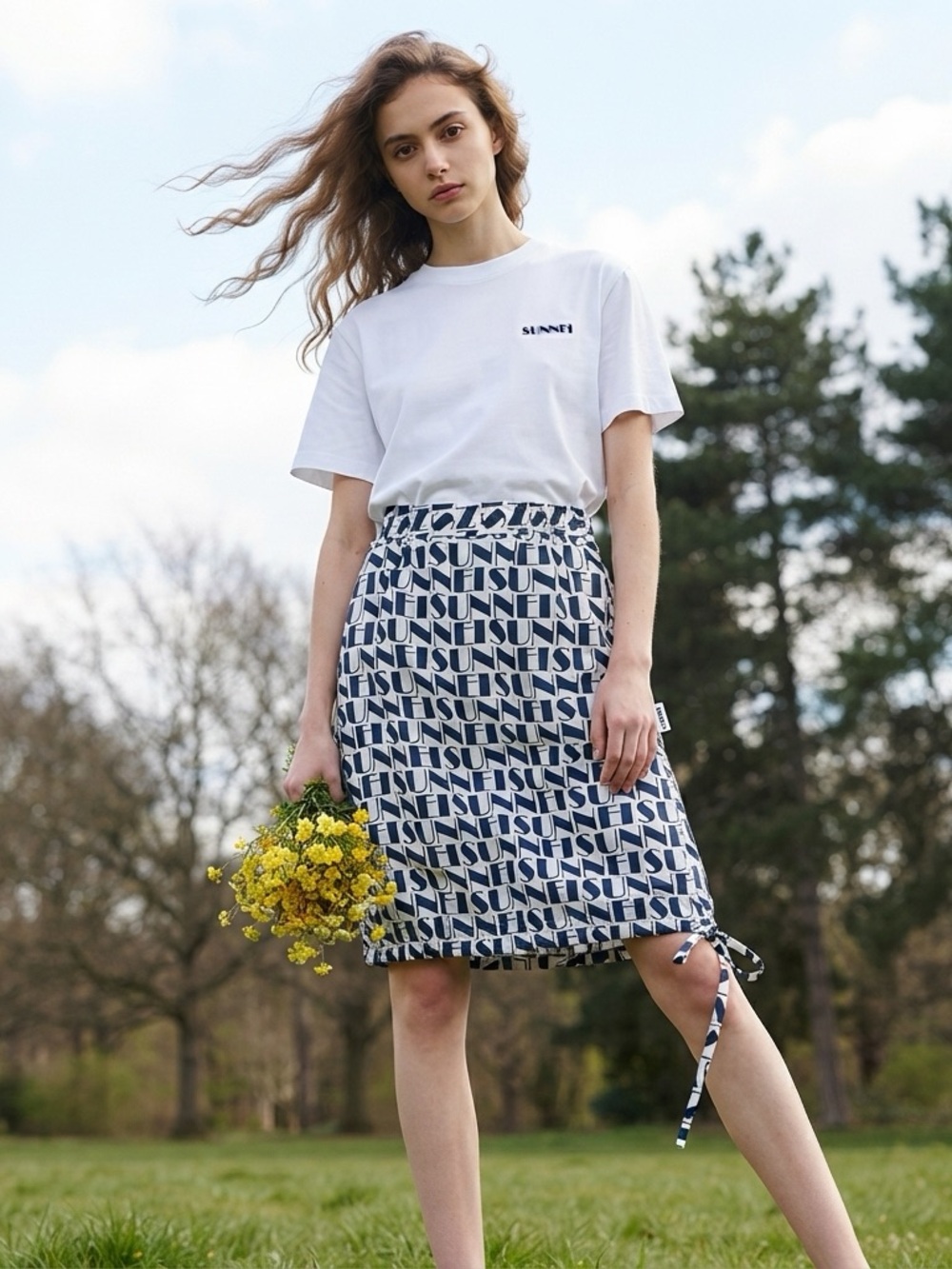NWT Sunnei Womens Small Navy White Monogram Pockets Drawstring Hem Midi Skirt